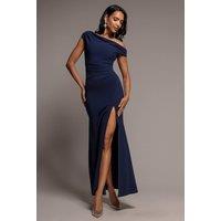 Goddiva Women's Asymmetric One Shoulder Front Split Scuba Crepe Maxi Dress in Navy | Size: 8