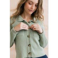 Lily & Me Women's Piper Chic Boxy Fit Knitted Jacket with Scalloped Turn Back Cuffs in Olive | Size: 16
