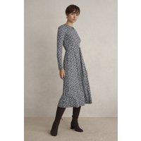Hobbs London Women's Long Sleeve Round Neck Jersey Midi Dress in Mid Navy | Size: 16