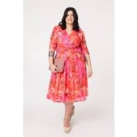 Izabel London Women's Curve Floral Mesh Midi Faux Wrap Dress in Orange | Size: 22