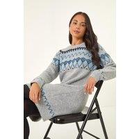 Roman Women's Petite Nordic Pattern Knit Jumper Dress in Grey | Size: 8