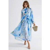 MSN Collection Women's Abstract Pattern Maxi Shirt Dress with Belt | Size: Medium