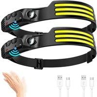FLAVORA 2pc COB LED Headlamp USB Rechargeable Headlight Torch in Black