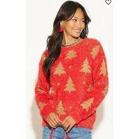 CY Women's Christmas Tree Print Fluffy Jumper in Red