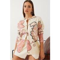 Bianco Lucci Women's Textured Flowering Knitwear Cardigan with Buttons in Beige