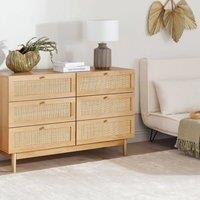 Wyld and Coco Boho 6-Drawer Chest with Rattan Front - Light Brown W120 x D42 x H76cm