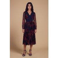 Oasis Women's Petite V neck Button Detail Printed Mesh Midi Dress in Navy | Size: 12