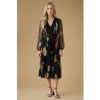 Oasis Women's V neck Button Detail Floral Mesh Midi Dress in Black | Size: 10
