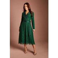 Coast Women's Lace Long Sleeve Midi Dress With Satin Belt in Emerald | Size: 8