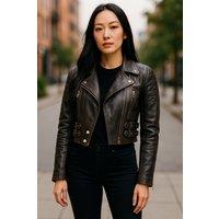 Infinity Leather Women's Cropped Brando Leather Biker Jacket-Durban in True Black | Size: 16