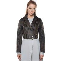 Infinity Leather Women's Cropped Brando Leather Biker Jacket-Bellville in True Black | Size: 16