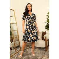DOUBLE SECOND Women's Printed Puff Sleeve Wrap Dress in Navy | Size: 12