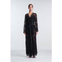 Penti Women's Embroidered Maxi Robe With Tie Front in Black | Size: XS/S