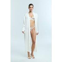 Penti Women's Long Woven Robe With Shawl Collar in Off-White | Size: XS/S