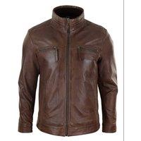 TruClothing Men's Leather High Collar Zipped Biker Jacket in Brown | Size: XL