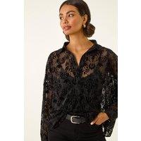 Roman Women's Textured Floral V-Neck Top in Black | Size: 10