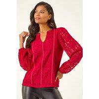 Roman Women's Studded Lace Notch Neck Top in Red | Size: 10