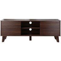 CALICOSY TV Unit With Sliding Doors, Grooved Wood-Effect Fronts, 135 Cm Wide - in Dark Brown