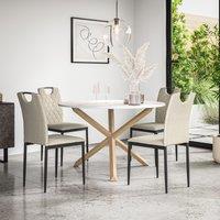 More4Homes Malvern Round Dining Table & Chairs - Marble Table Top w Solid Oak Legs + Monza Fabric Dining Chair Set Of 4 in Beige