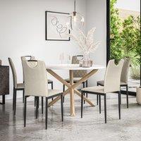 More4Homes Malvern Round Dining Table & Chairs - Marble Table Top w Solid Oak Legs + Monza Fabric Dining Chair Set Of 6 in Beige
