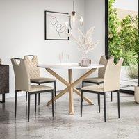 More4Homes Malvern Round Dining Table & Chairs - Marble Table Top w Solid Oak Legs + Monza Faux Leather Dining Chair Set Of 4 in Beige