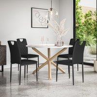 More4Homes Malvern Round Dining Table & Chairs - Marble Table Top w Solid Oak Legs + Monza Faux Leather Dining Chair Set Of 4 in Black