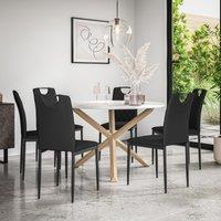More4Homes Malvern Round Dining Table & Chairs - Marble Table Top w Solid Oak Legs + Monza Faux Leather Dining Chair Set Of 6 in Black
