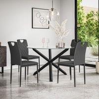 More4Homes Malvern Round Dining Table & Chairs - Clear Glass Table Top w Solid Oak Black Legs + Monza Fabric Dining Chair Set Of 4 in Charcoal