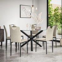 More4Homes Malvern Round Dining Table & Chairs - Clear Glass Table Top w Solid Oak Black Legs + Monza Fabric Dining Chair Set Of 6 in Beige