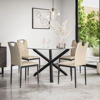 More4Homes Malvern Round Dining Table & Chairs - Clear Glass Table Top w Solid Oak Black Legs + Monza Faux Leather Dining Chair Set Of 4 in Beige