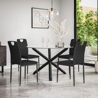 More4Homes Malvern Round Dining Table & Chairs - Clear Glass Table Top w Solid Oak Black Legs + Monza Faux Leather Dining Chair Set Of 4