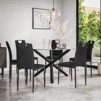 More4Homes Malvern Round Dining Table & Chairs - Clear Glass Table Top w Solid Oak Black Legs + Monza Faux Leather Dining Chair Set Of 6