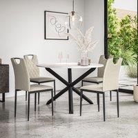 More4Homes Malvern Round Dining Table & Chairs - Marble Table Top w Solid Oak Black Legs + Monza Fabric Dining Chair Set Of 4 in Beige