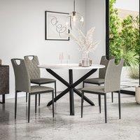 More4Homes Malvern Round Dining Table & Chairs - Marble Table Top w Solid Oak Black Legs + Monza Fabric Dining Chair Set Of 4 in Grey