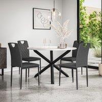 More4Homes Malvern Round Dining Table & Chairs - Marble Table Top w Solid Oak Black Legs + Monza Fabric Dining Chair Set Of 4 in Charcoal