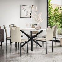 More4Homes Malvern Round Dining Table & Chairs - Marble Table Top w Solid Oak Black Legs + Monza Fabric Dining Chair Set Of 6 in Beige