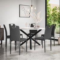 More4Homes Malvern Round Dining Table & Chairs - Marble Table Top w Solid Oak Black Legs + Monza Fabric Dining Chair Set Of 6 in Charcoal