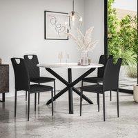 More4Homes Malvern Round Dining Table & Chairs - Marble Table Top w Solid Oak Black Legs + Monza Faux Leather Dining Chair Set Of 4