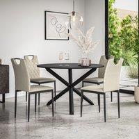 More4Homes Malvern Round Dining Table & Chairs - Black Table Top w Solid Oak Black Legs + Monza Fabric Dining Chair Set Of 4 in Beige