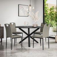 More4Homes Malvern Round Dining Table & Chairs - Black Table Top w Solid Oak Black Legs + Monza Fabric Dining Chair Set Of 4 in Grey