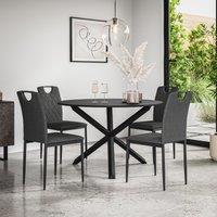 More4Homes Malvern Round Dining Table & Chairs - Black Table Top w Solid Oak Black Legs + Monza Fabric Dining Chair Set Of 4 in Charcoal