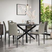 More4Homes Malvern Round Dining Table & Chairs - Black Table Top w Solid Oak Black Legs + Monza Fabric Dining Chair Set Of 6 in Grey