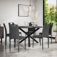 More4Homes Malvern Round Dining Table & Chairs - Black Table Top w Solid Oak Black Legs + Monza Fabric Dining Chair Set Of 6 in Charcoal