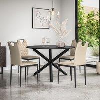 More4Homes Malvern Round Dining Table & Chairs - Black Table Top w Solid Oak Black Legs + Monza Faux Leather Dining Chair Set Of 4 in Beige