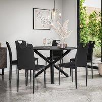 More4Homes Malvern Round Dining Table & Chairs - Black Table Top w Solid Oak Black Legs + Monza Faux Leather Dining Chair Set Of 6