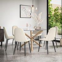 More4Homes Malvern Round Dining Table & Chairs - Clear Glass Table Top w Solid Oak Legs + Maya Boucle Dining Chair Set Of 6 in Ivory