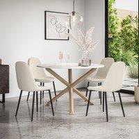 More4Homes Malvern Round Dining Table & Chairs - Marble Table Top w Solid Oak Legs + Maya Boucle Dining Chair Set Of 4 in Ivory