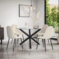More4Homes Malvern Round Dining Table & Chairs - Clear Glass Table Top w Solid Oak Black Legs + Maya Boucle Dining Chair Set Of 4 in Ivory
