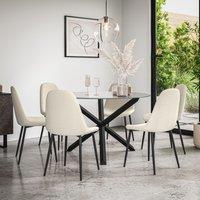 More4Homes Malvern Round Dining Table & Chairs - Clear Glass Table Top w Solid Oak Black Legs + Maya Boucle Dining Chair Set Of 6 in Ivory