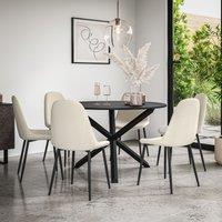 More4Homes Malvern Round Dining Table & Chairs - Black Table Top w Solid Oak Black Legs + Maya Boucle Dining Chair Set Of 6 in Ivory